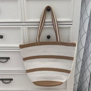 Neutral White and Tan Striped Tote Bag